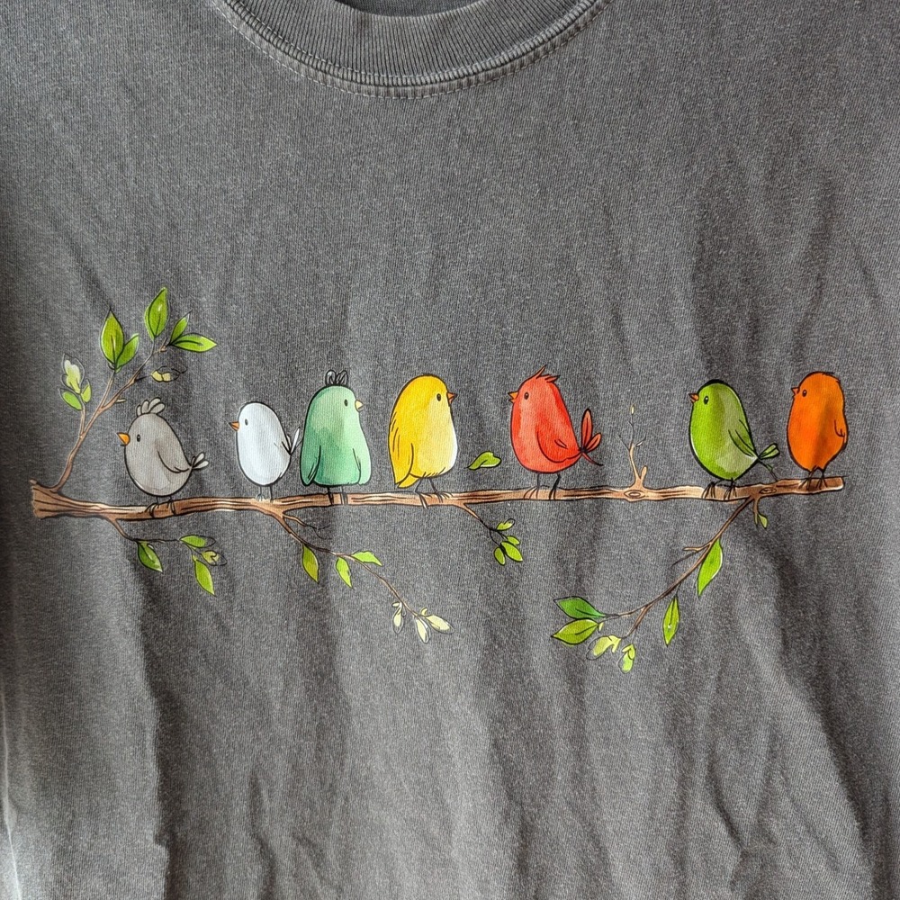 Comfort Colors T-Shirt Gray Birds on Branch Graphic Tee Unisex L Burd Watcher